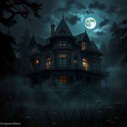 A mysterious scene set at Evergreen Manor, an old, sprawling Victorian mansion surrounded by dark, looming trees and mist