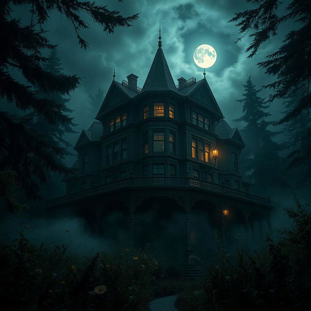 A mysterious scene set at Evergreen Manor, an old, sprawling Victorian mansion surrounded by dark, looming trees and mist