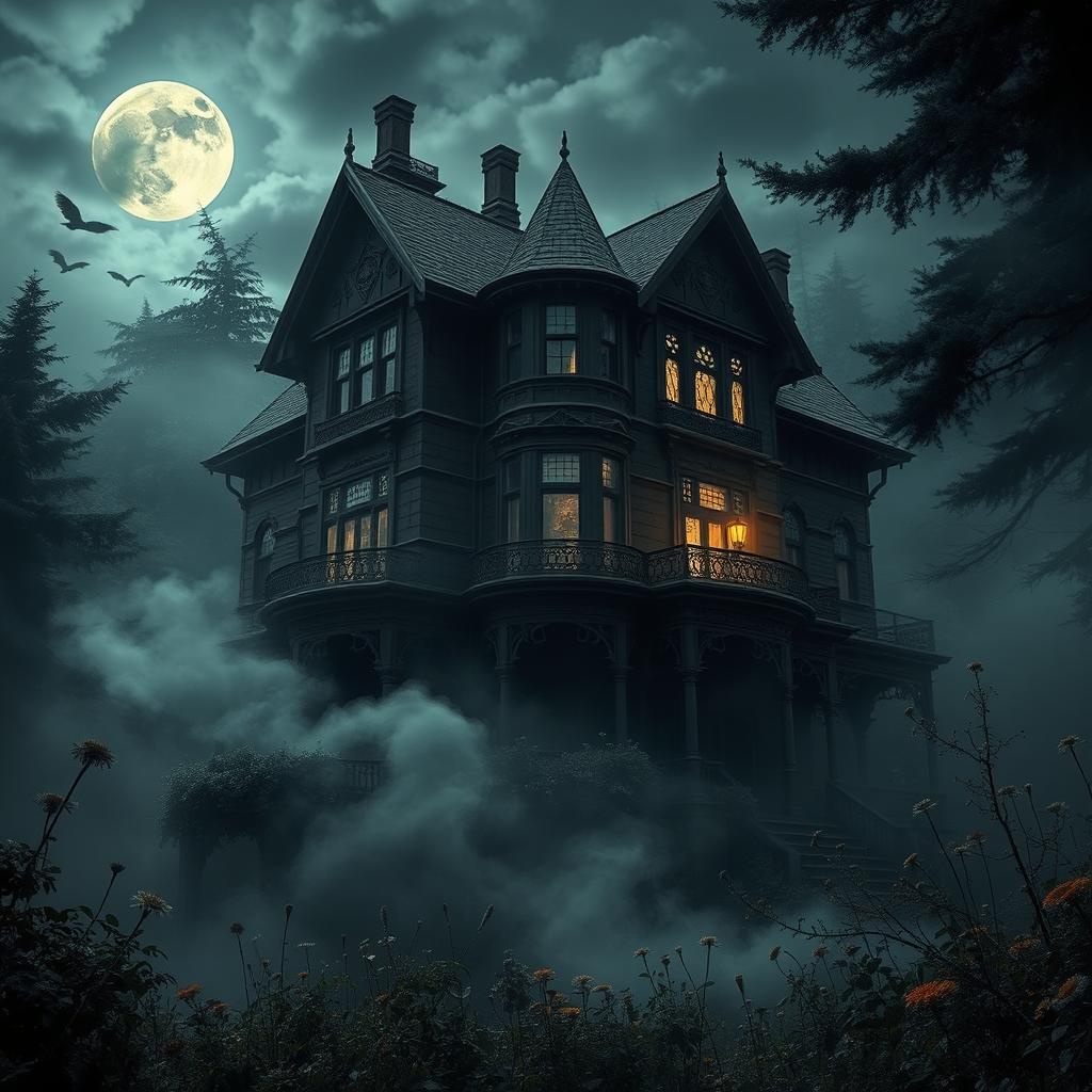 A mysterious scene set at Evergreen Manor, an old, sprawling Victorian mansion surrounded by dark, looming trees and mist