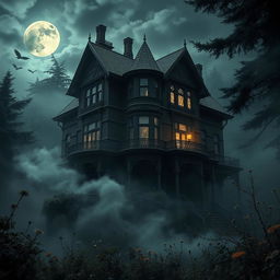 A mysterious scene set at Evergreen Manor, an old, sprawling Victorian mansion surrounded by dark, looming trees and mist