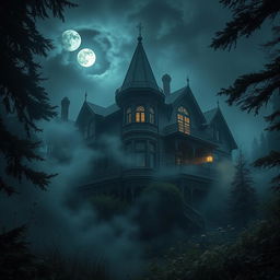 A mysterious scene set at Evergreen Manor, an old, sprawling Victorian mansion surrounded by dark, looming trees and mist