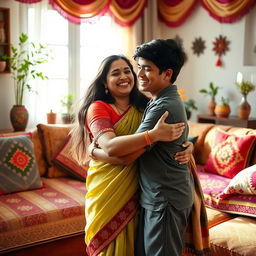 A cozy living room scene featuring a loving Indian mother and her teenage son