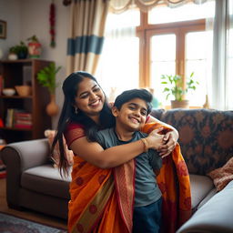 A cozy living room scene featuring a loving Indian mother and her teenage son