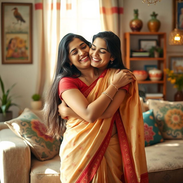 A cozy living room scene featuring a loving Indian mother and her teenage son