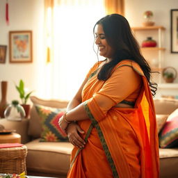 A cozy living room scene featuring a loving Indian mother and her teenage son