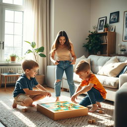 A casual moment in a cozy living room where a confident, attractive mom is interacting playfully with her two young boys