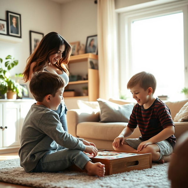 A casual moment in a cozy living room where a confident, attractive mom is interacting playfully with her two young boys