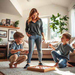A casual moment in a cozy living room where a confident, attractive mom is interacting playfully with her two young boys