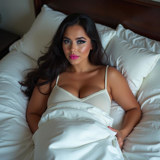 A curvy woman lounging in bed, partially covered by white sheets, with her voluptuous legs and thighs visible