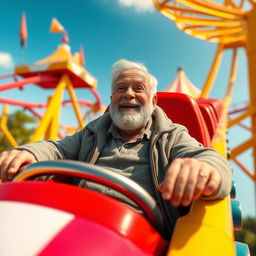 A senior white male pensioner with a short to medium beard riding a rollercoaster solo