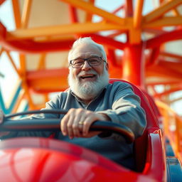 A senior white male pensioner with a short to medium beard riding a rollercoaster solo