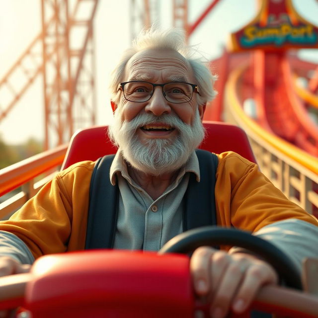 A senior white male pensioner with a short to medium beard riding a rollercoaster solo