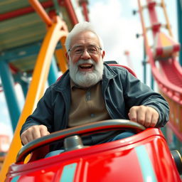 A senior white male pensioner with a short to medium beard riding a rollercoaster solo