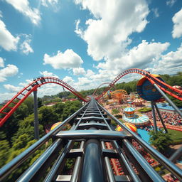 A thrilling 3D view from the front of a rollercoaster as it rushes through a vibrant amusement park