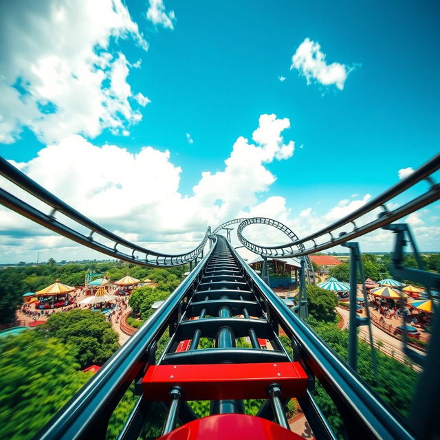 A thrilling 3D view from the front of a rollercoaster as it rushes through a vibrant amusement park