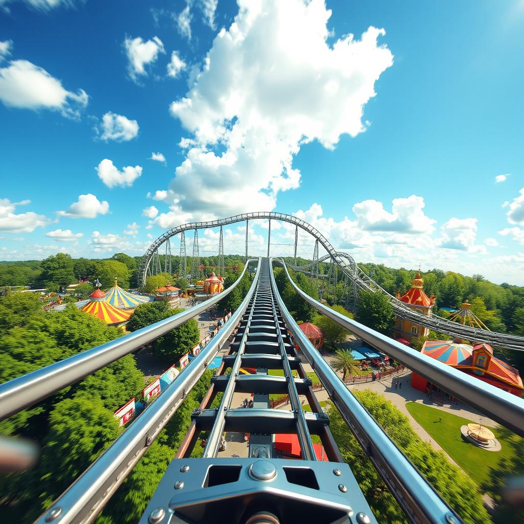 A thrilling 3D view from the front of a rollercoaster as it rushes through a vibrant amusement park