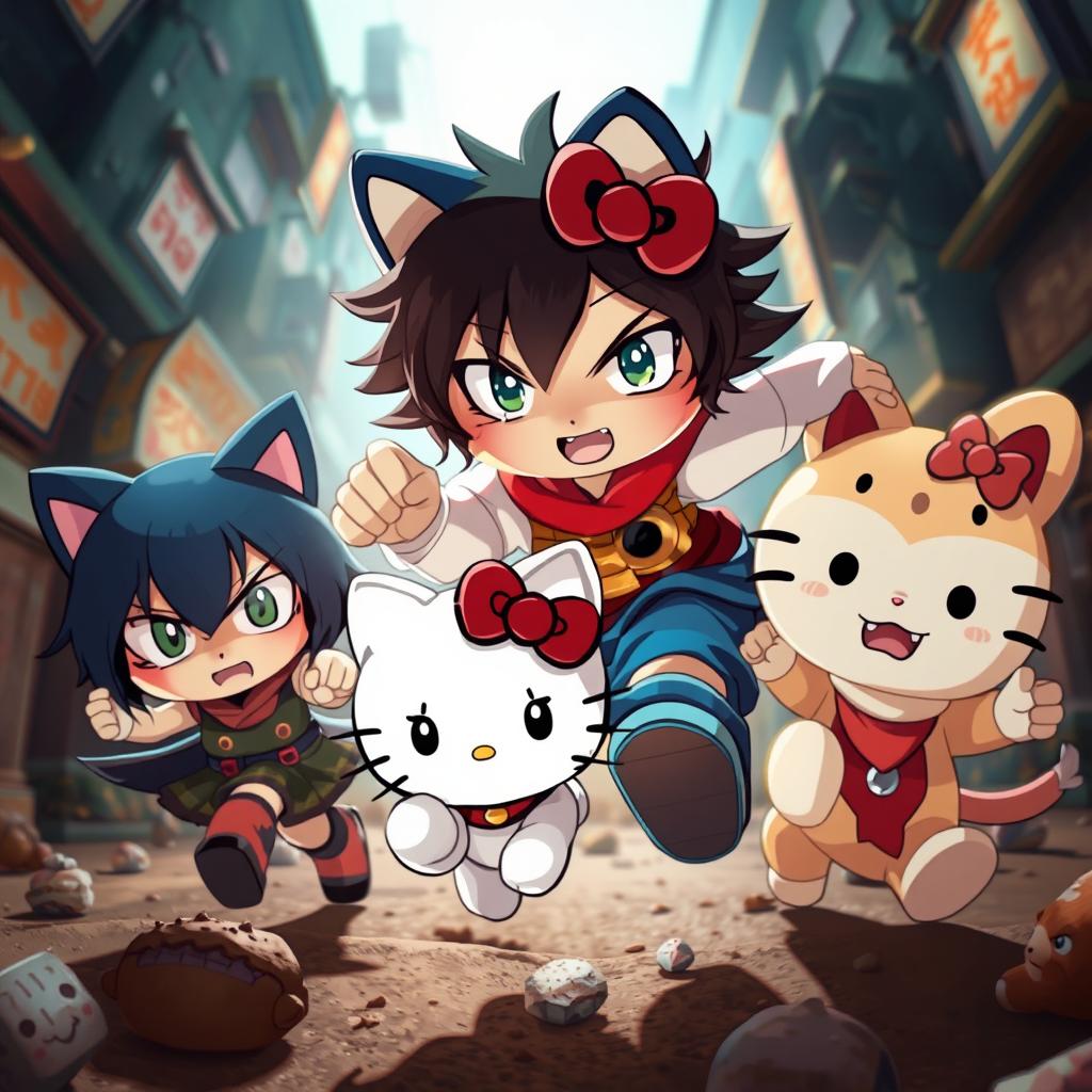 A dynamic scene featuring HELLO_KITTY characters Kuromi, Nyanmi, Wanmi, Konami, and Chumi in a whimsical yet gritty atmosphere