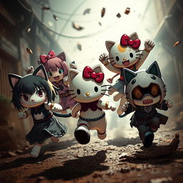 A dynamic scene featuring HELLO_KITTY characters Kuromi, Nyanmi, Wanmi, Konami, and Chumi in a whimsical yet gritty atmosphere
