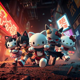 A dynamic scene featuring HELLO_KITTY characters Kuromi, Nyanmi, Wanmi, Konami, and Chumi in a whimsical yet gritty atmosphere