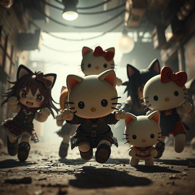 A dynamic scene featuring HELLO_KITTY characters Kuromi, Nyanmi, Wanmi, Konami, and Chumi in a whimsical yet gritty atmosphere