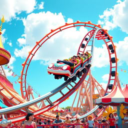 A vibrant 3D rendering of a thrilling rollercoaster with colorful cars speeding along the tracks, twisting and turning through the air