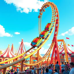 A vibrant 3D rendering of a thrilling rollercoaster with colorful cars speeding along the tracks, twisting and turning through the air