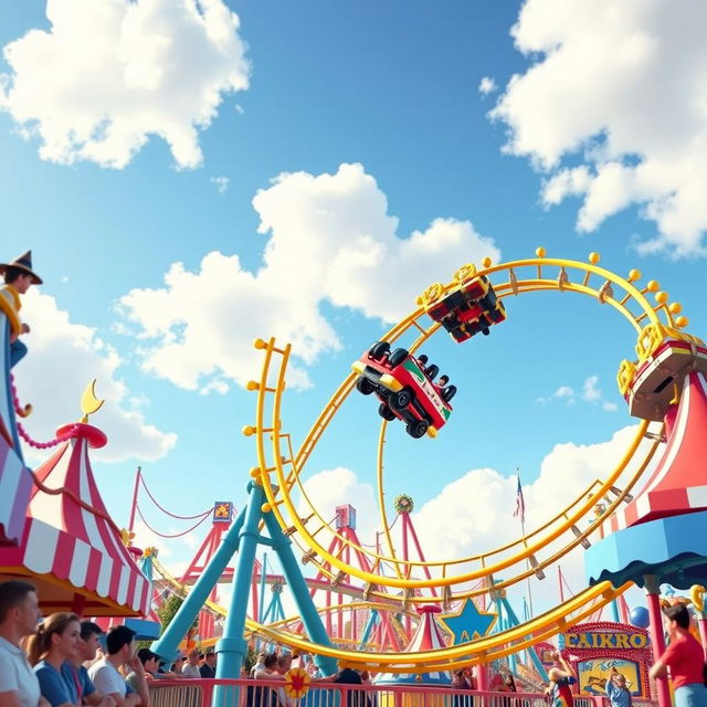 A vibrant 3D rendering of a thrilling rollercoaster with colorful cars speeding along the tracks, twisting and turning through the air