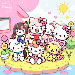 A vibrant illustration featuring HELLO_KITTY characters Kuromi, Nyanmi, Wanmi, Konami, and Chumi