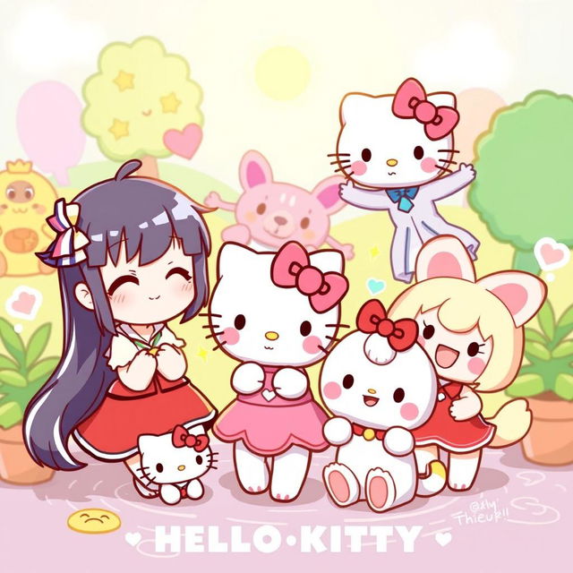 A vibrant illustration featuring HELLO_KITTY characters Kuromi, Nyanmi, Wanmi, Konami, and Chumi