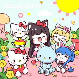 A vibrant illustration featuring HELLO_KITTY characters Kuromi, Nyanmi, Wanmi, Konami, and Chumi