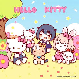 A vibrant illustration featuring HELLO_KITTY characters Kuromi, Nyanmi, Wanmi, Konami, and Chumi