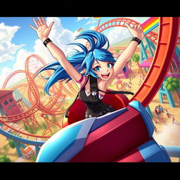 A dynamic scene depicting Jett, the Valorant agent known for her swift and agile moves, joyfully riding a roller coaster