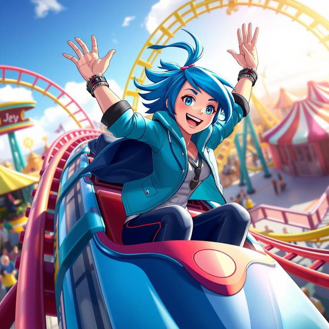 A dynamic scene depicting Jett, the Valorant agent known for her swift and agile moves, joyfully riding a roller coaster