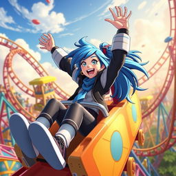A dynamic scene depicting Jett, the Valorant agent known for her swift and agile moves, joyfully riding a roller coaster