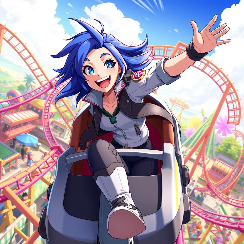 A dynamic scene depicting Jett, the Valorant agent known for her swift and agile moves, joyfully riding a roller coaster