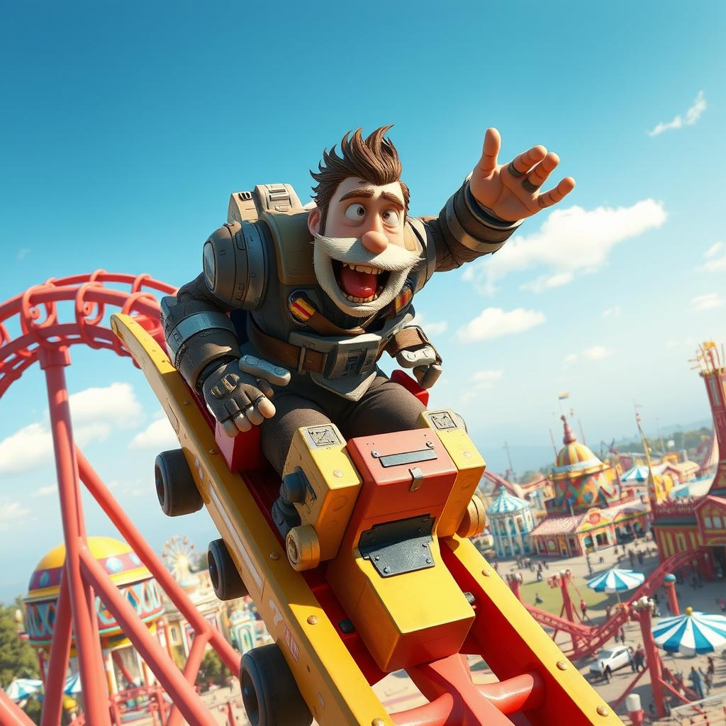 A thrilling scene featuring KAY/O, the Valorant agent equipped with a unique and rugged appearance, joyfully riding a roller coaster