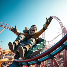 A thrilling scene featuring KAY/O, the Valorant agent equipped with a unique and rugged appearance, joyfully riding a roller coaster