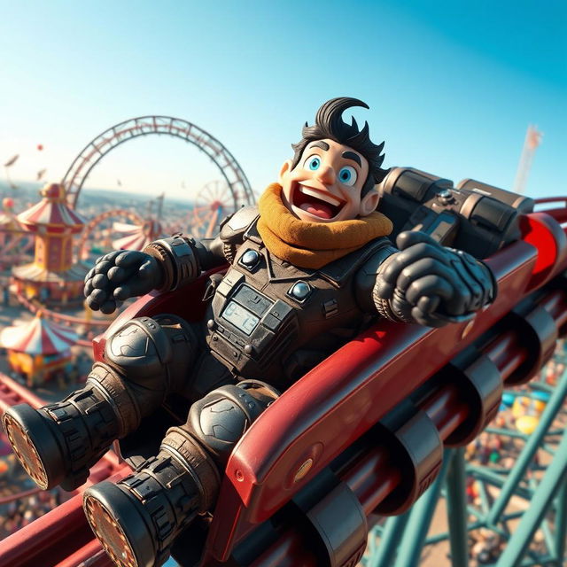 A thrilling scene featuring KAY/O, the Valorant agent equipped with a unique and rugged appearance, joyfully riding a roller coaster