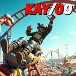 A thrilling scene featuring KAY/O, the Valorant agent equipped with a unique and rugged appearance, joyfully riding a roller coaster