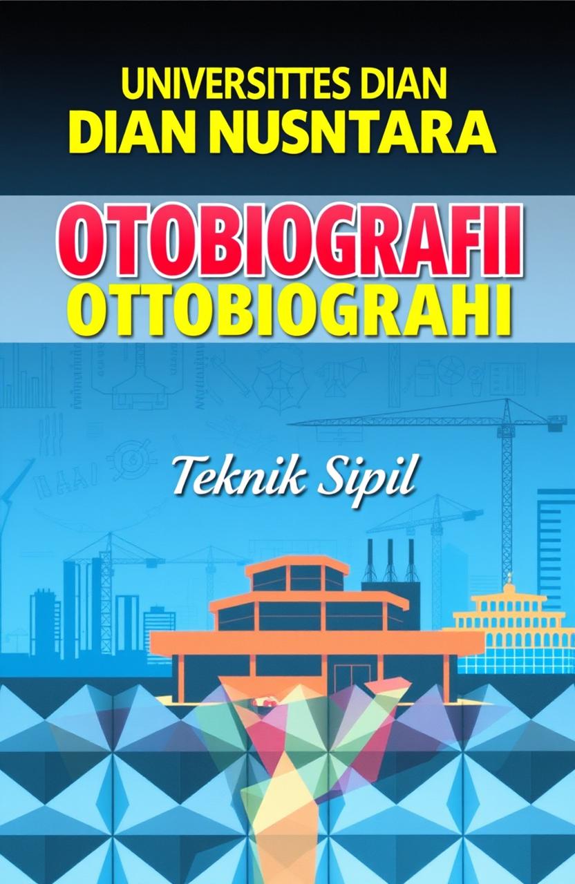 A captivating book cover design for 'Universitas Dian Nusantara Otobiografi' with the subtitle 'Teknik Sipil'