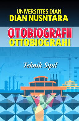 A captivating book cover design for 'Universitas Dian Nusantara Otobiografi' with the subtitle 'Teknik Sipil'