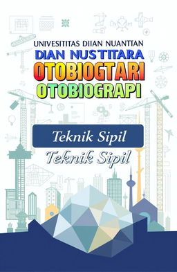 A captivating book cover design for 'Universitas Dian Nusantara Otobiografi' with the subtitle 'Teknik Sipil'