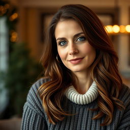 A woman aged between 30 and 45 years, featuring beautiful chestnut brown hair and distinct European characteristics