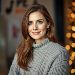 A woman aged between 30 and 45 years, featuring beautiful chestnut brown hair and distinct European characteristics