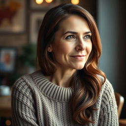 A woman aged between 30 and 45 years, featuring beautiful chestnut brown hair and distinct European characteristics