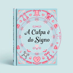A colorful book cover designed in soft shades of blue and light pink, featuring various zodiac signs artfully arranged around a central theme of love