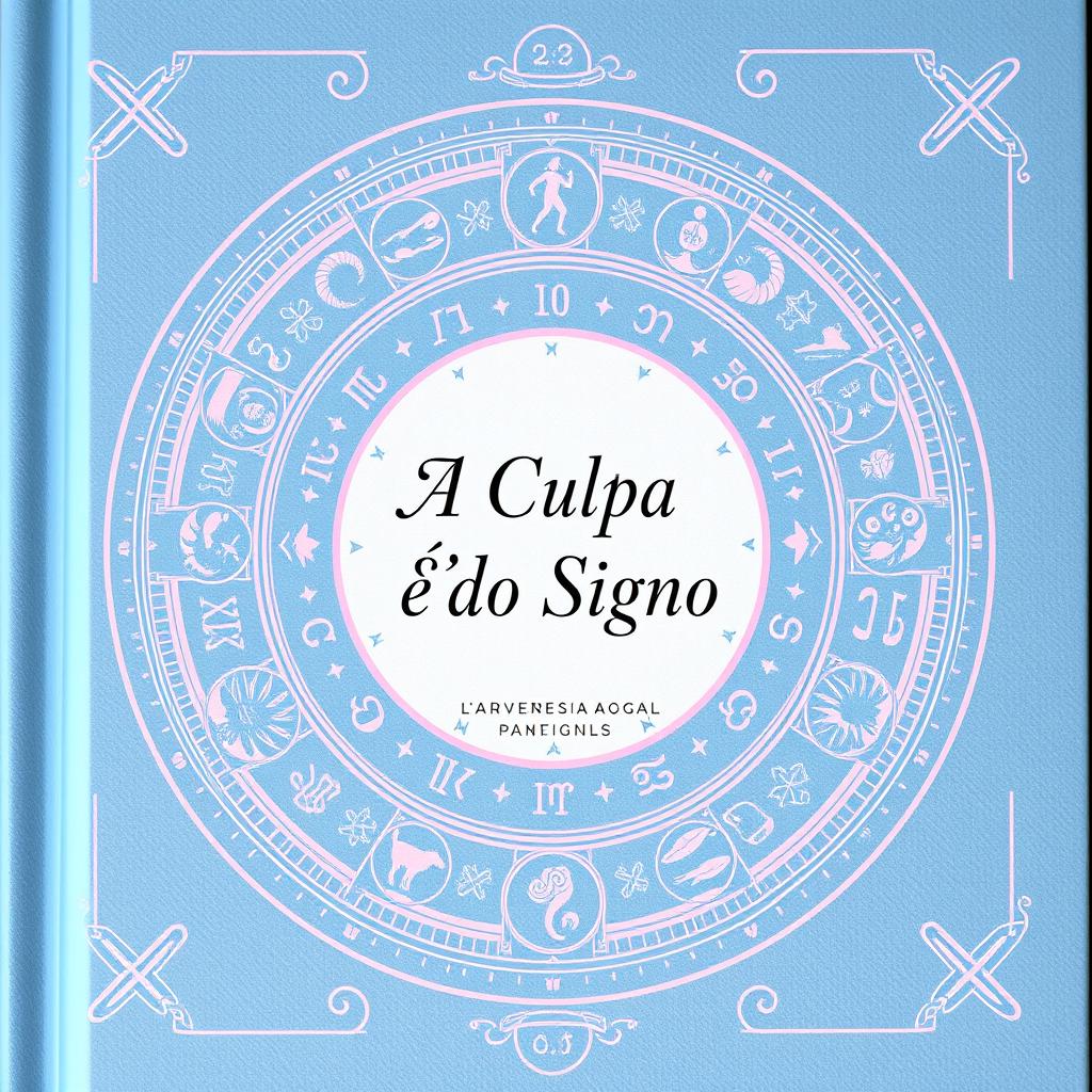 A captivating book cover designed in soft shades of blue and light pink, featuring an intricate arrangement of various zodiac signs surrounding a central theme of love
