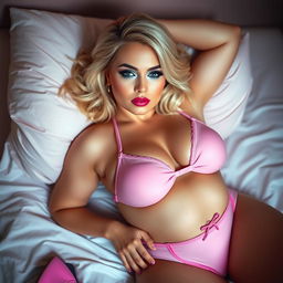 A voluptuous blonde woman, portraying innocence and allure, reclines on a bed wearing tiny pink bikini underwear, a matching pink bra, and pink shoes