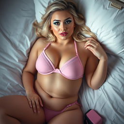 A curvy blonde woman, embodying a playful innocence, lies in bed dressed in only tiny pink bikini underwear, a matching bra, and stylish pink shoes