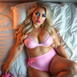 A curvy blonde woman, embodying a playful innocence, lies in bed dressed in only tiny pink bikini underwear, a matching bra, and stylish pink shoes
